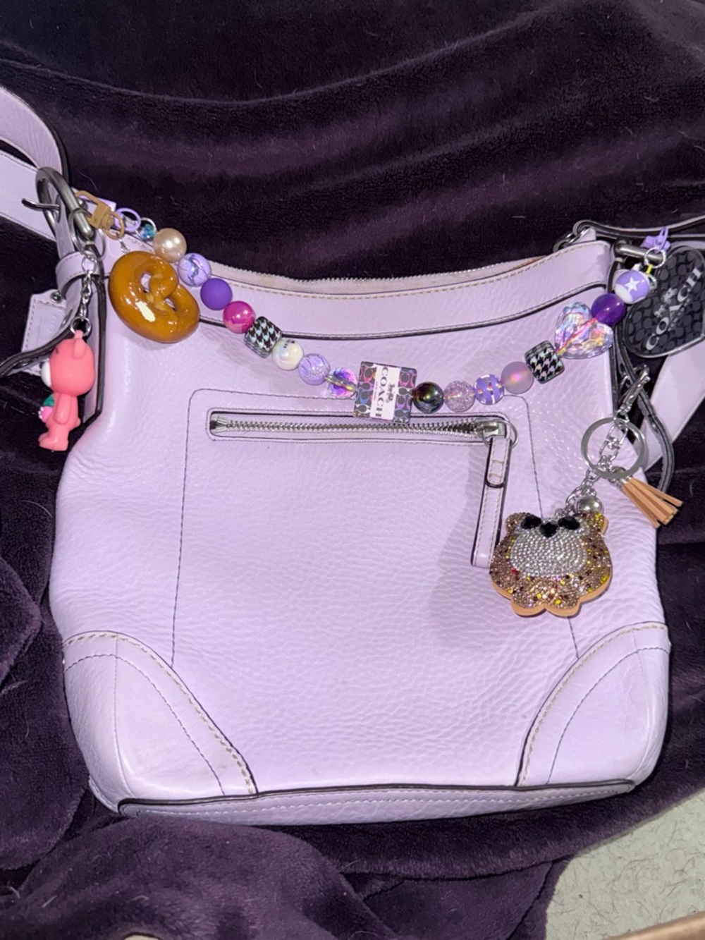 Coach Lavender Pebbled Leather Shoulder Bag with Bead Charm Strand